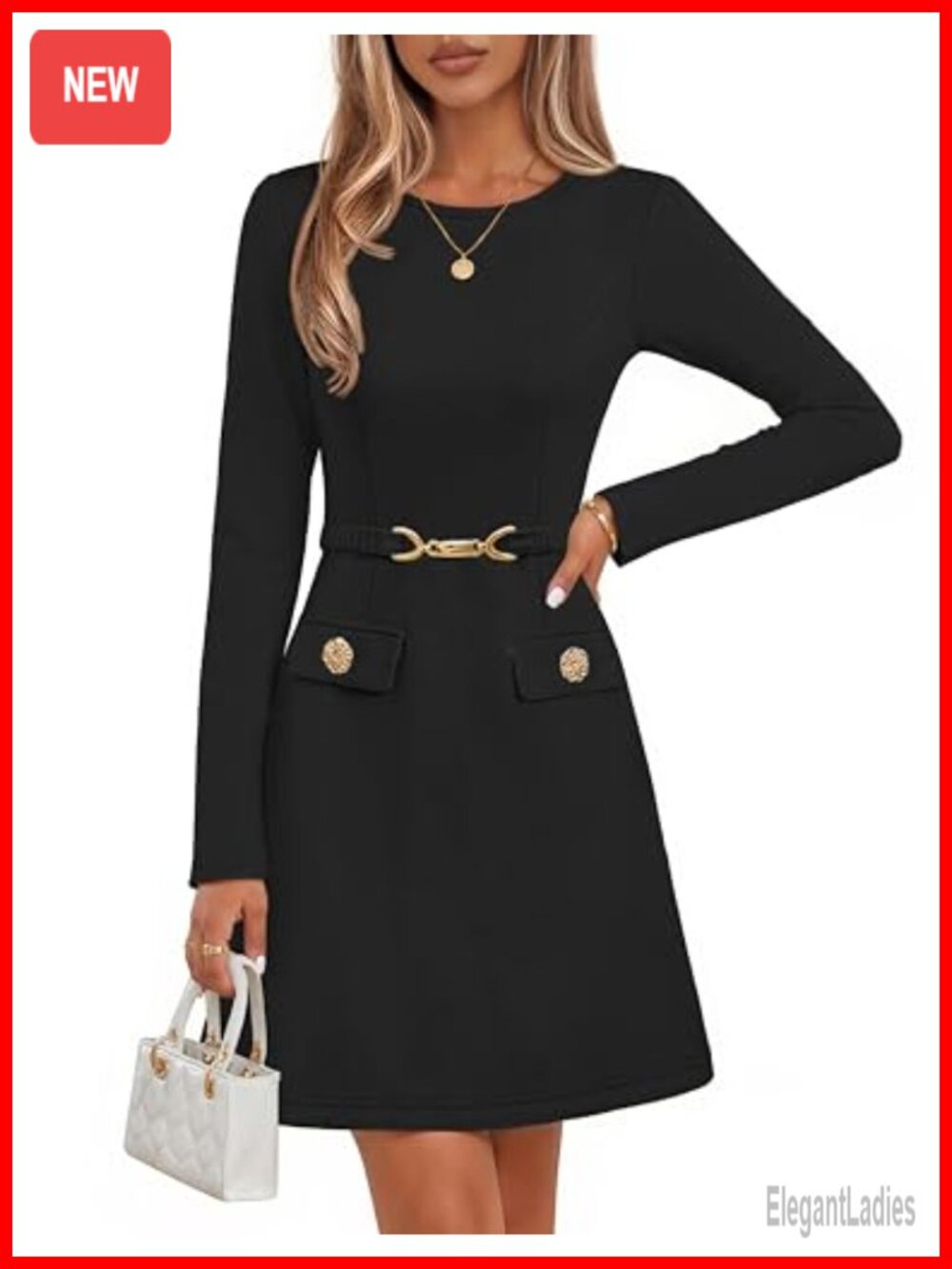 Long Sleeve Business Casual Work Mini Dress with Metallic Accents